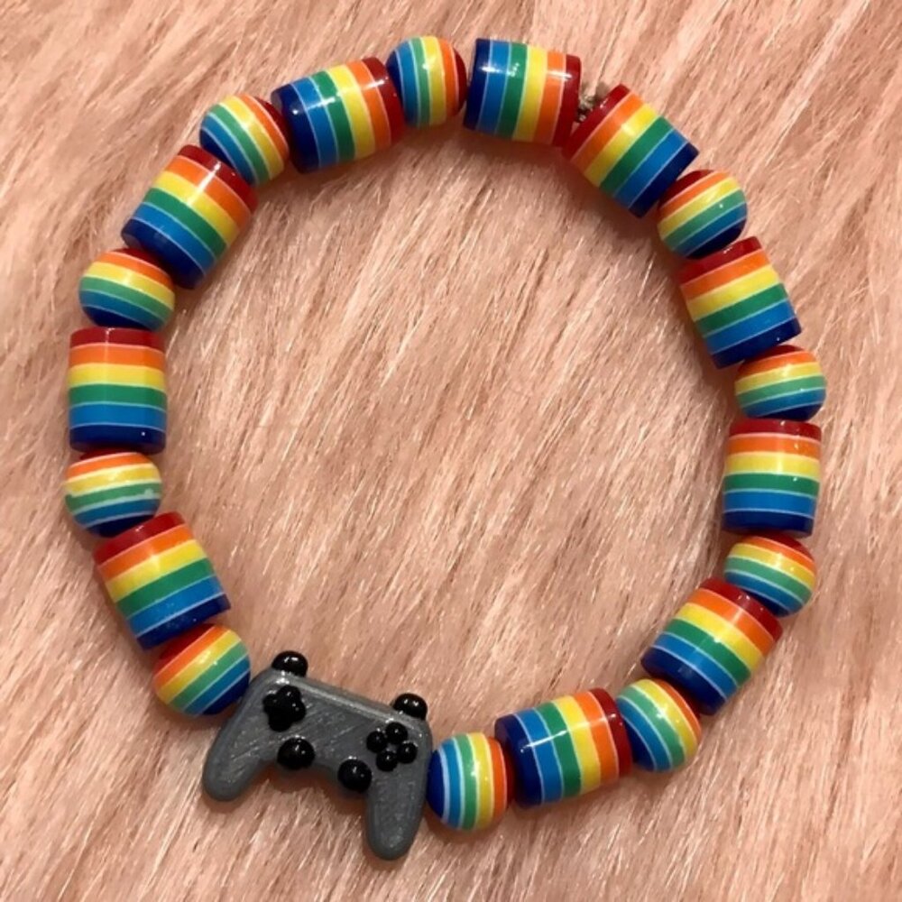 Handmade Grey Video Game Controller Colorful Rainbow Pride Beaded Bracelet